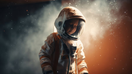 Little kid wearing spacesuit. Cosmonaut concept. Ai generated.の素材