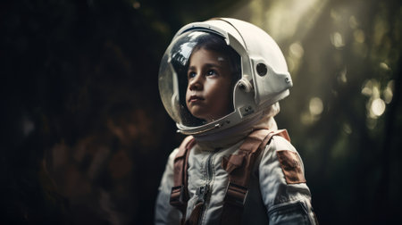 Little kid wearing spacesuit. Cosmonaut concept. Ai generated.の素材