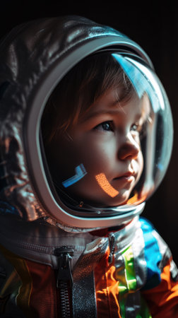 Little kid wearing spacesuit. Cosmonaut concept. Ai generated.の素材