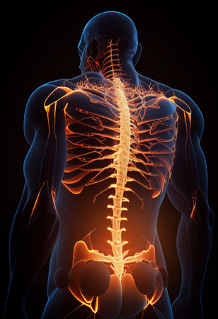 Back ache concept on dark background. Health care concept. ai generated.の素材