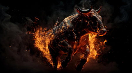 Bull running on fire. Business bull market concept. Ai generatedの素材