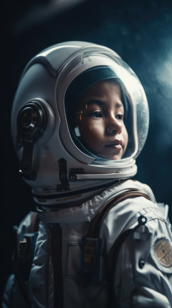 Little kid wearing spacesuit. Cosmonaut concept. Ai generated.の素材