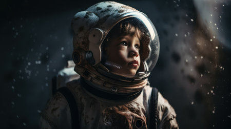 Little kid wearing spacesuit. Cosmonaut concept. Ai generated.の素材
