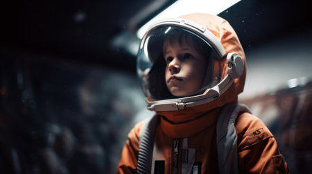 Little kid wearing spacesuit. Cosmonaut concept. Ai generated.の素材