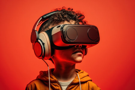 Child wearing VR glasses and wandering in the imagination. Ai generated.の素材
