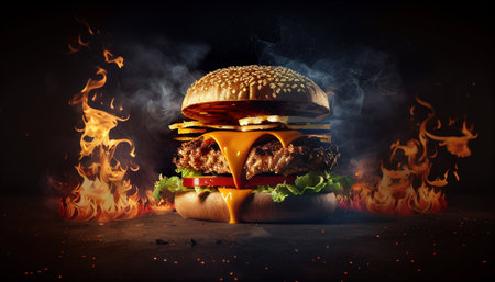 Hot and Fresh tasty delicious grilled hamburger. Ai generated.の素材
