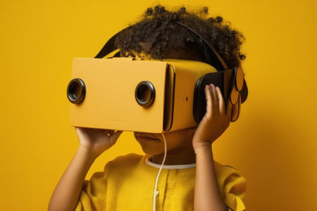 Child wearing VR glasses and wandering in the imagination. Ai generated.の素材