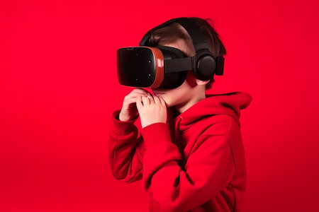 Child wearing VR glasses and wandering in the imagination. Ai generated.の素材