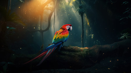 Colorful Macaw bird in forest background. ai generated.の素材