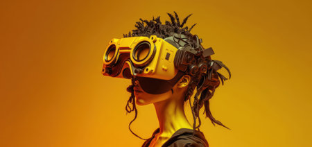 Side view of a young people put on VR glasses isolated over yellow background.の素材