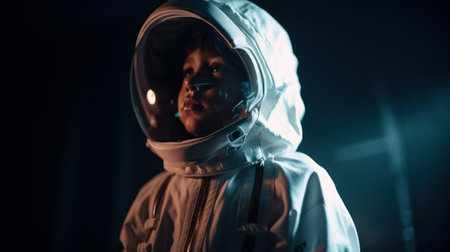 Little kid wearing spacesuit. Cosmonaut concept. Ai generated.の素材