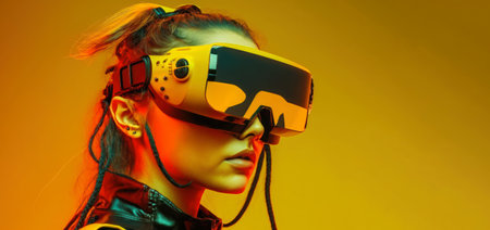 Side view of a young people put on VR glasses isolated over yellow background.の素材
