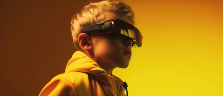 Side view of a young people put on VR glasses isolated over yellow background.の素材
