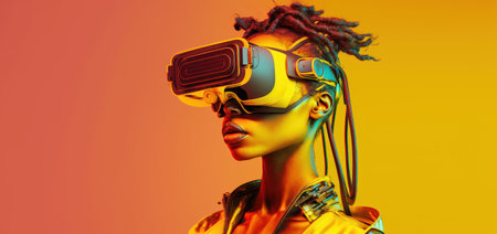 Side view of a young people put on VR glasses isolated over yellow background.の素材