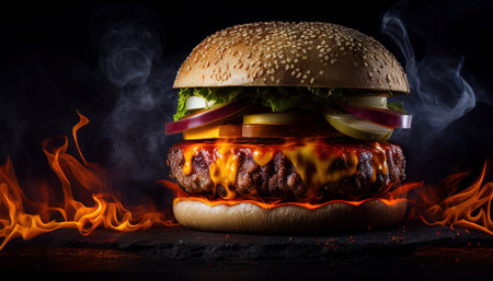 Hot and Fresh tasty delicious grilled hamburger. Ai generated.の素材