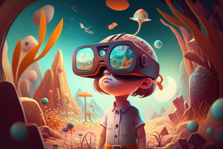 Child wearing VR glasses and wandering in the imagination. Ai generated.の素材