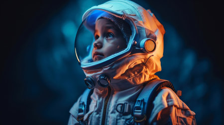 Little kid wearing spacesuit. Cosmonaut concept. Ai generated.の素材