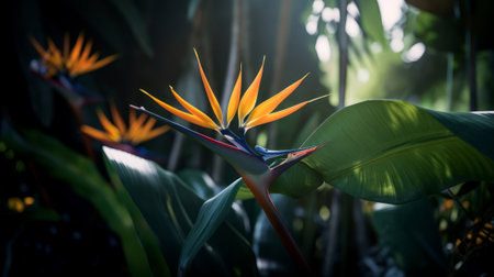 Bird of paradise flower in the forest. Ai generated.の素材