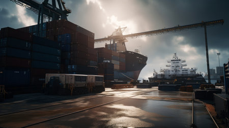 Harbor atmosphere in the evening. Ai generated.の素材
