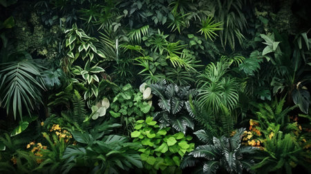 Vertical garden with tropical green leaf, contrast ai generatedの素材