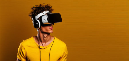 Side view of a young african woman put on VR glasses isolated over yellow background.の素材