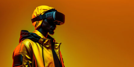 Side view of a young african woman put on VR glasses isolated over yellow background.の素材
