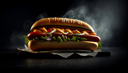 Hot and Fresh tasty delicious hotdog. Ai generated.の素材