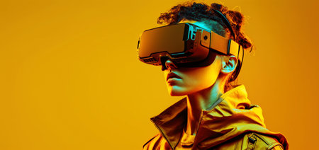 Side view of a young woman put on VR glasses isolated over yellow background.の素材