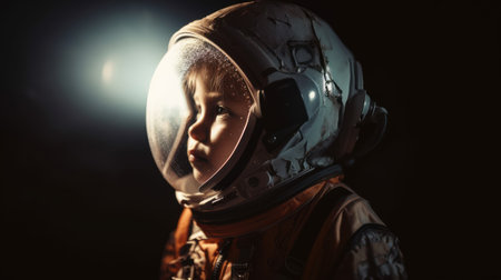 Little kid wearing spacesuit. Cosmonaut concept. Ai generated.の素材