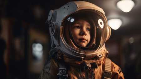 Little kid wearing spacesuit. Cosmonaut concept. Ai generated.の素材