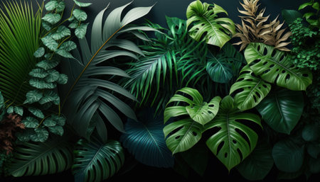 Vertical garden with tropical green leaf, contrast ai generatedの素材
