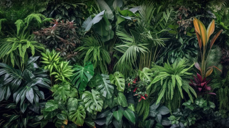 Vertical garden with tropical green leaf, contrast ai generatedの素材