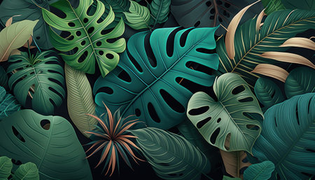 Vertical garden with tropical green leaf, contrast ai generatedの素材
