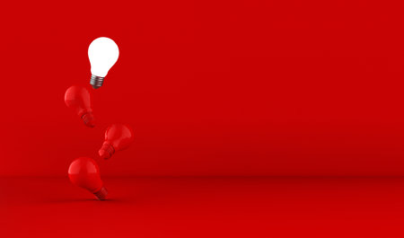 Light bulbs on red background. Idea concept. 3D Illustration.の写真素材