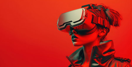 Side view of a young people put on VR glasses. Ai generated.の素材