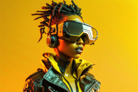 Side view of a young people put on VR glasses. Ai generated.の素材