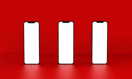 Mobile Phone Template Mockup isolated on red background. 3D illustration.の写真素材
