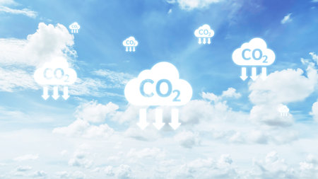 The Bright blue sky and Co2 cloud icon. Climate change concept.の写真素材