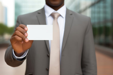 A man in business suit holding a white blank business card,name card. Ai generated.の素材