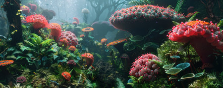 Alien world exploration first contact with extraterrestrial flora and fauna a lush vivid ecosystemの素材