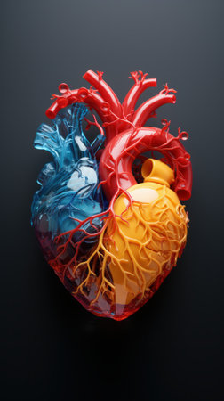 A detailed 3D illustration of an anatomical human heart model rendered in vibrant red, blue, and yellow colors.の素材