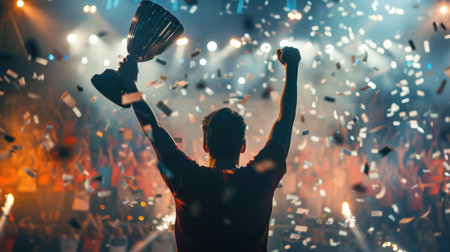 A champion holding a trophy high triumphant under the spotlight crowd cheering the pinnacle of achievementの素材
