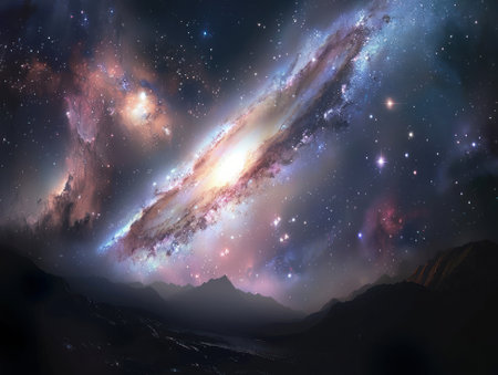 A breathtaking nightscape depicting a vibrant galaxy stretching above serene mountain peaks.の素材