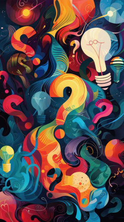 Expression of ideas through abstract illustration a canvas of curiosity filled with colorful question marks and lightbulbsの素材