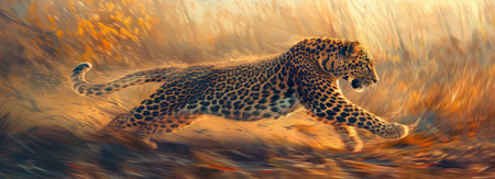 Leopards Dance in the Wild A leopard moving gracefully in its natural habitat captured in the perfect moment of beauty and power Vibrant dynamic motionの素材