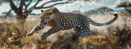 Leopards Dance in the Wild A leopard moving gracefully in its natural habitat captured in the perfect moment of beauty and power Vibrant dynamic motionの素材