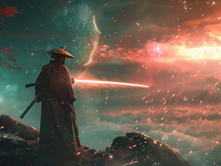 Samurai faces a comet katana drawn in a digital realm where history meets futureの素材