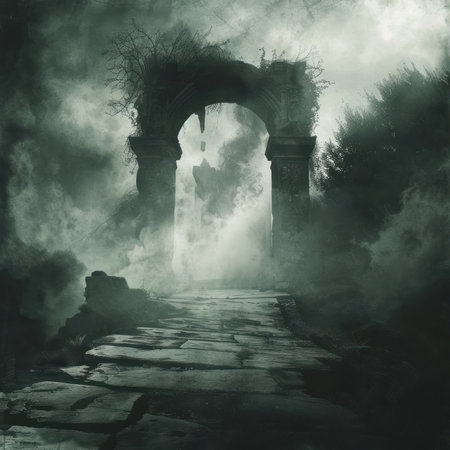 Underworlds Enigmatic Gates A shadowy path leading to the underworlds ancient gates wrapped in mist and mystery Eerie mythological essenceの素材