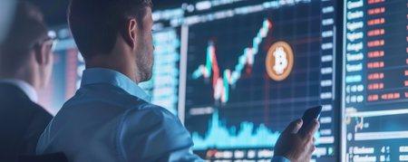 Cryptocurrency Startup Pitch Entrepreneurs presenting their Bitcoin trading platform to investors using interactive computer presentations to highlight market potentialの素材