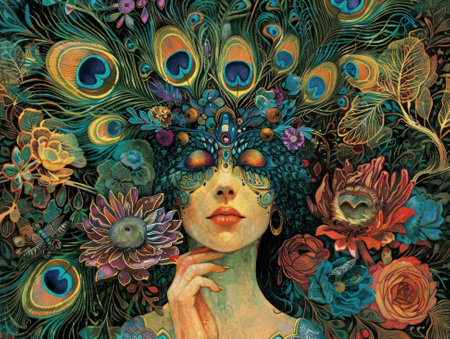 Art Nouveau elegance Woman adorned with peacock feathers surrounded by intricate floral patternsの素材